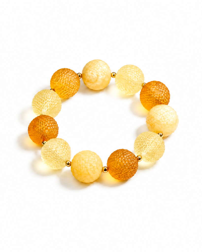ELIN Baltic amber bracelet in silver & gold — lemon cognac snake-skin amber beads, handcrafted in Lithuania — Baltijos gintaro papuošalai, rankų darbas Lietuvoje