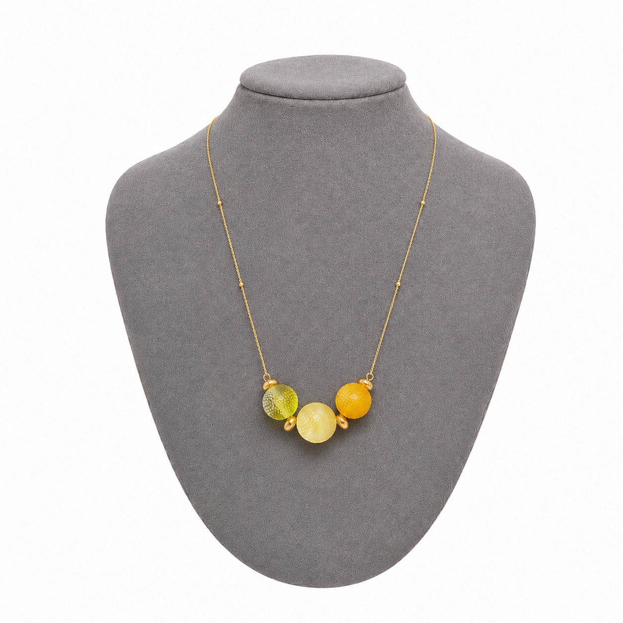 Model wearing Ysaline Baltic amber pendant necklace in lemon yellow amber — handcrafted in Lithuania by AMBER999
 — Baltic amber jewellery handcrafted in Lithuania